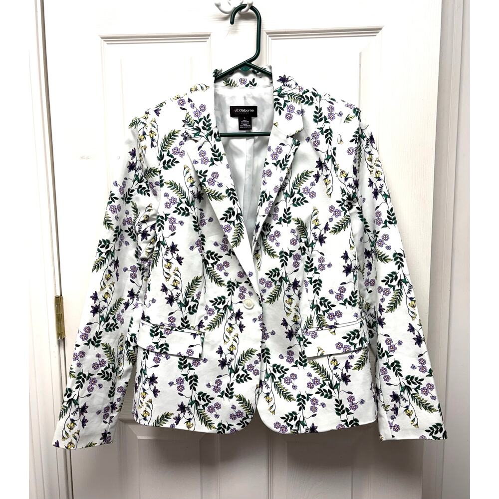 Liz Claiborne Career Blazer Floral Women’s Large White Cotton Stretch Jacket